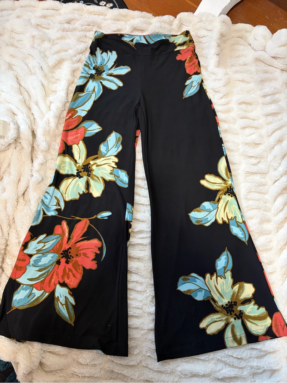 Joseph Ribkoff Black Wide-Leg Floral Pants with Red, Yellow & Blue Flowers